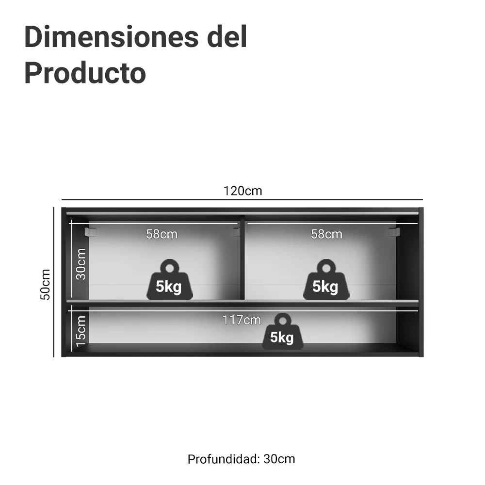 Alacena para Cocina 120 cm 2 Puertas Corredizas de Vidrio Neutral e 1 Nicho Negro Madesa - Image 2