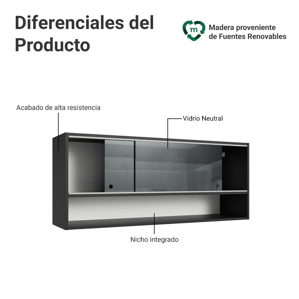 Alacena para Cocina 120 cm 2 Puertas Corredizas de Vidrio Neutral e 1 Nicho Negro Madesa - Image 3