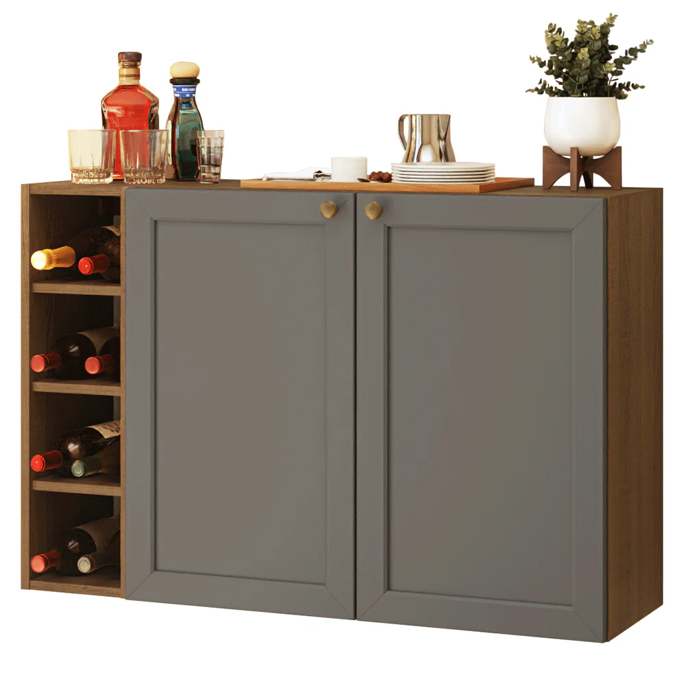 Aparador Vajillero con Bodega para botellas 100cm 2 Puertas Marrón/Gris Vik 16 - Image 3