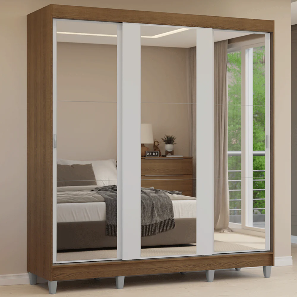 Armario matrimonial con patas, 3 puertas correderas con espejo, Marrón/Blanco Reno
