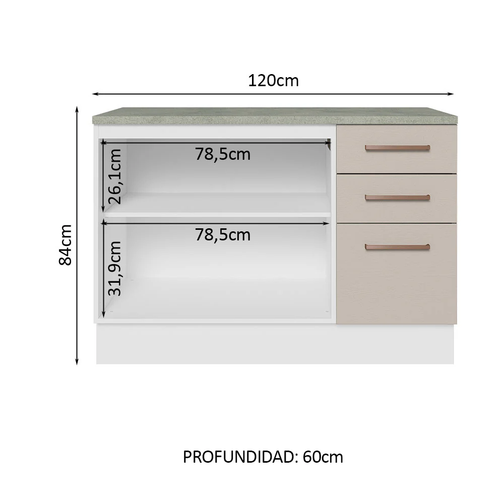 Bajo Mesada Cocina 120 cm x 60 cm, 3 Cajones 2 Puertas Agata Blanco/Crema - Image 3