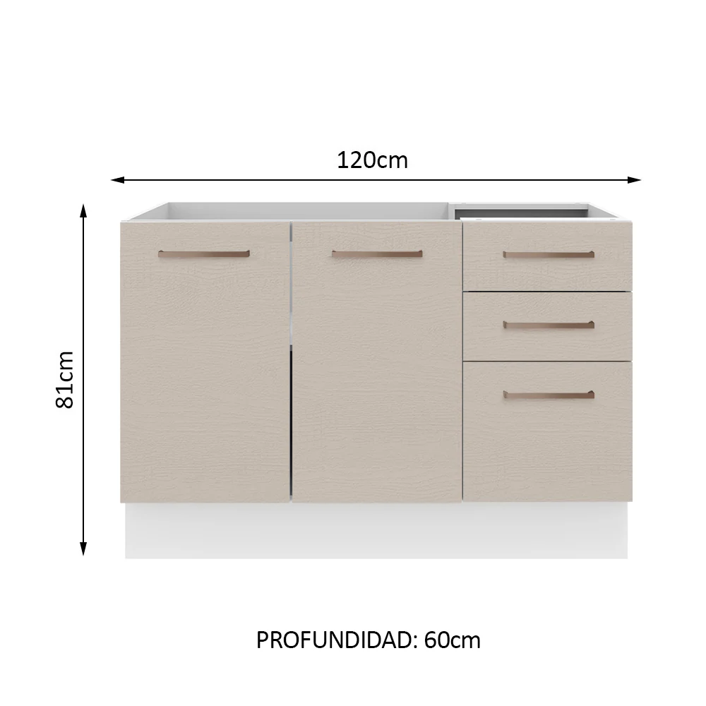 Bajo Mesada Cocina 120 cm x 60 cm, 3 Cajones 2 Puertas Agata Blanco/Crema - Image 2