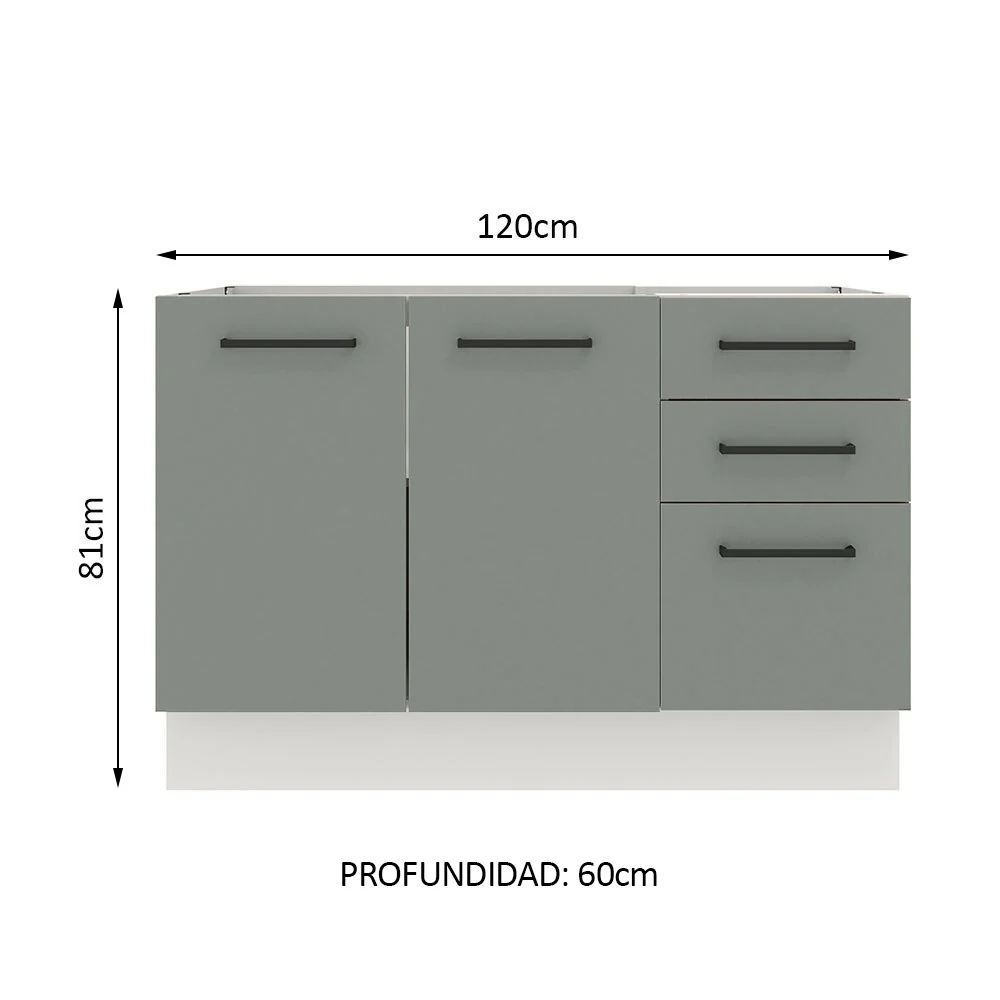 Bajo Mesada Cocina 120 cm x 60 cm, 3 Cajones 2 Puertas Agata Blanco/Gris - Image 2