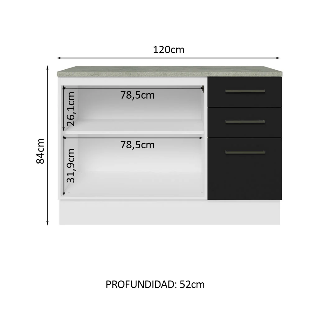 Bajo Mesada Cocina 120 cm 3 Cajones 2 Puertas (Con Mesada) Blanco/Negro Agata Madesa - Image 3