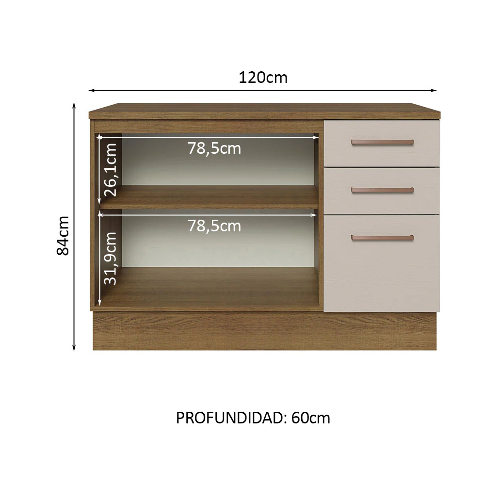 Bajo Mesada Cocina 120 cm x 60 cm, 3 Cajones 2 Puertas Agata Marrón/Crema - Image 3