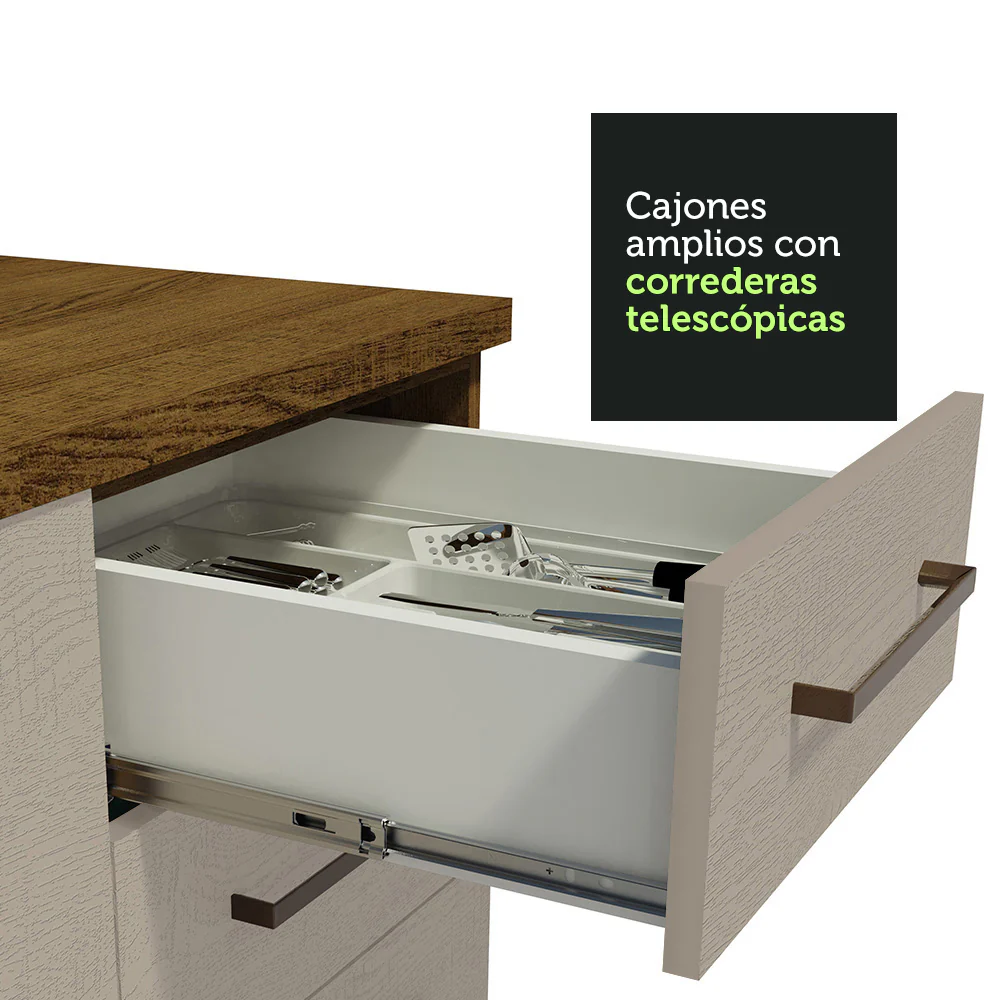 Bajo Mesada Cocina 120 cm x 60 cm, 3 Cajones 2 Puertas Agata Marrón/Crema - Image 6