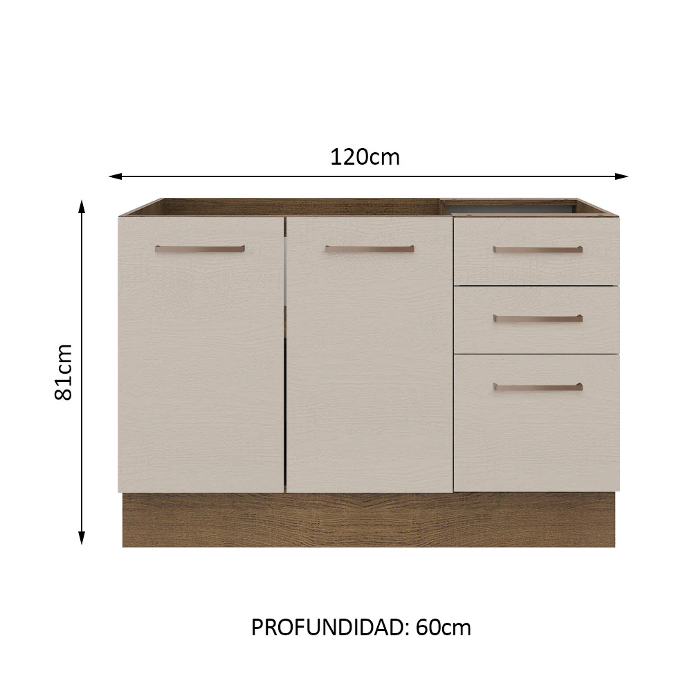 Bajo Mesada Cocina 120 cm x 60 cm, 3 Cajones 2 Puertas Agata Marrón/Crema - Image 2