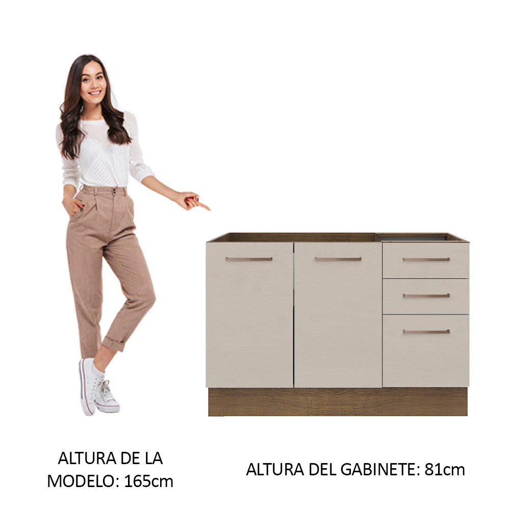 Bajo Mesada Cocina 120 cm x 60 cm, 3 Cajones 2 Puertas Agata Marrón/Crema - Image 3