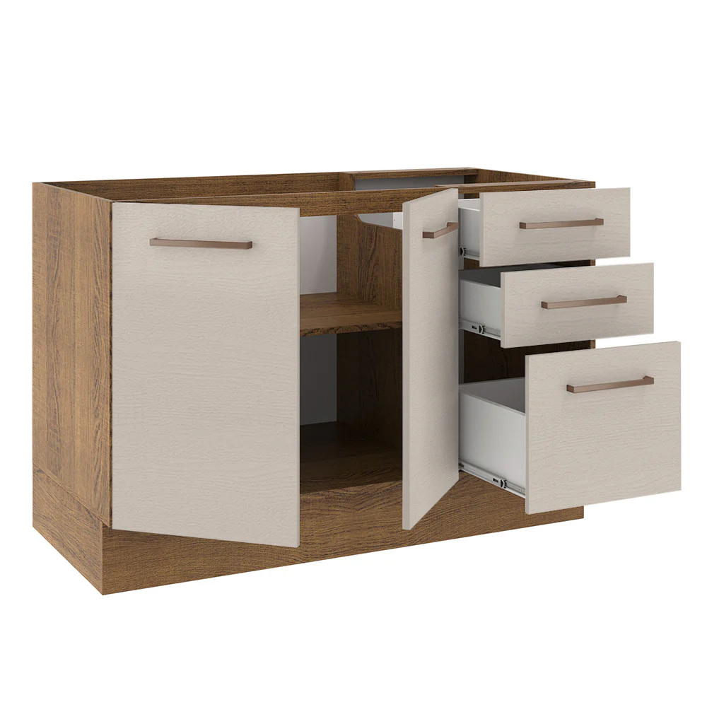 Bajo Mesada Cocina 120 cm x 60 cm, 3 Cajones 2 Puertas Agata Marrón/Crema - Image 7