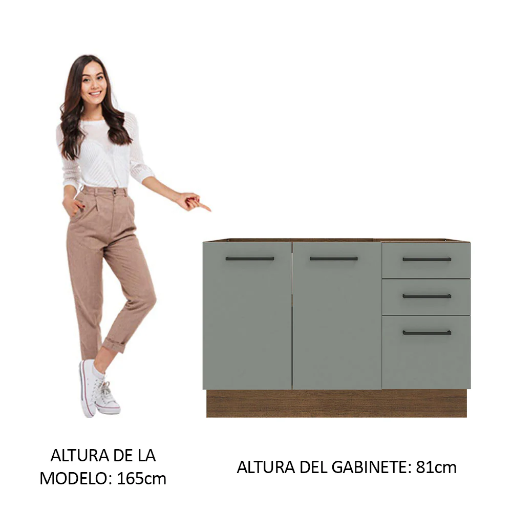 Bajo Mesada Cocina 120 cm x 60 cm, 3 Cajones 2 Puertas Agata Marrón/Gris - Image 3