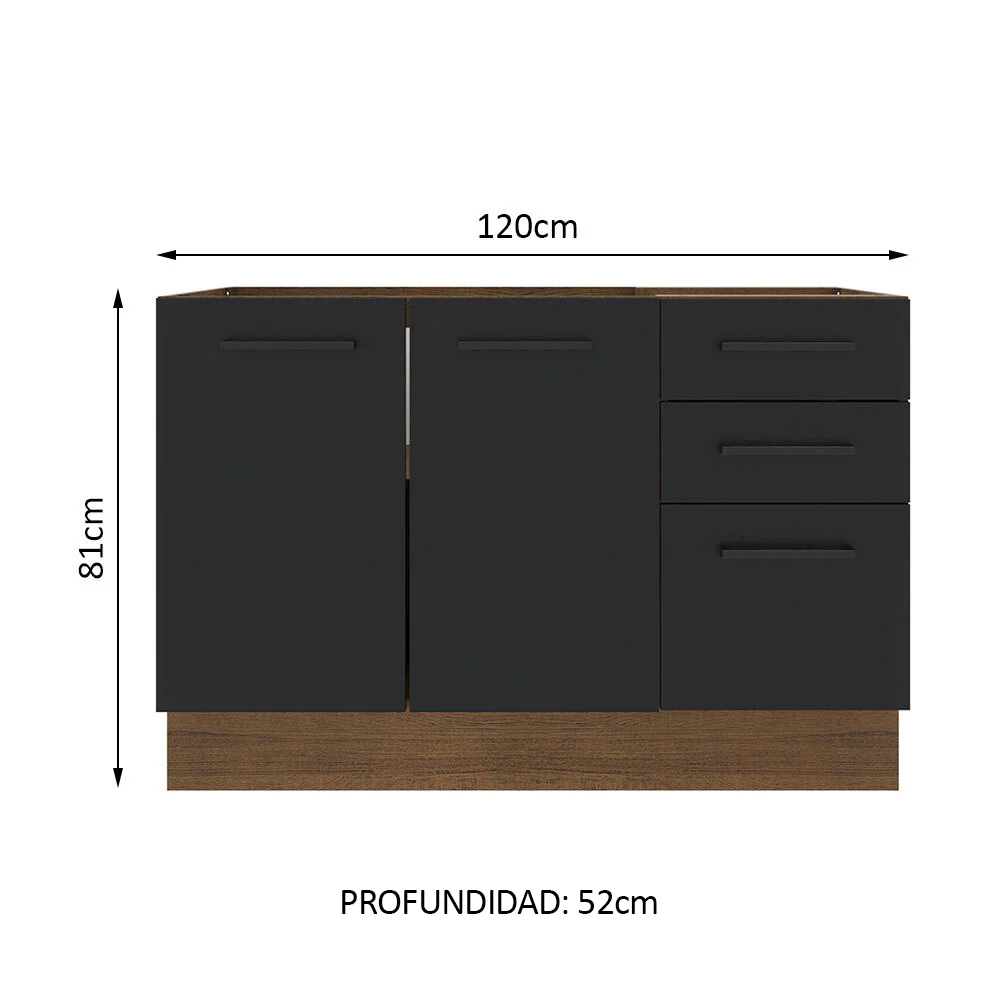 Bajo Mesada para Bacha 120 cm 3 Cajones 2 Puertas (Sin Mesada y Bacha) Marrón/Negro Agata Madesa - Image 2