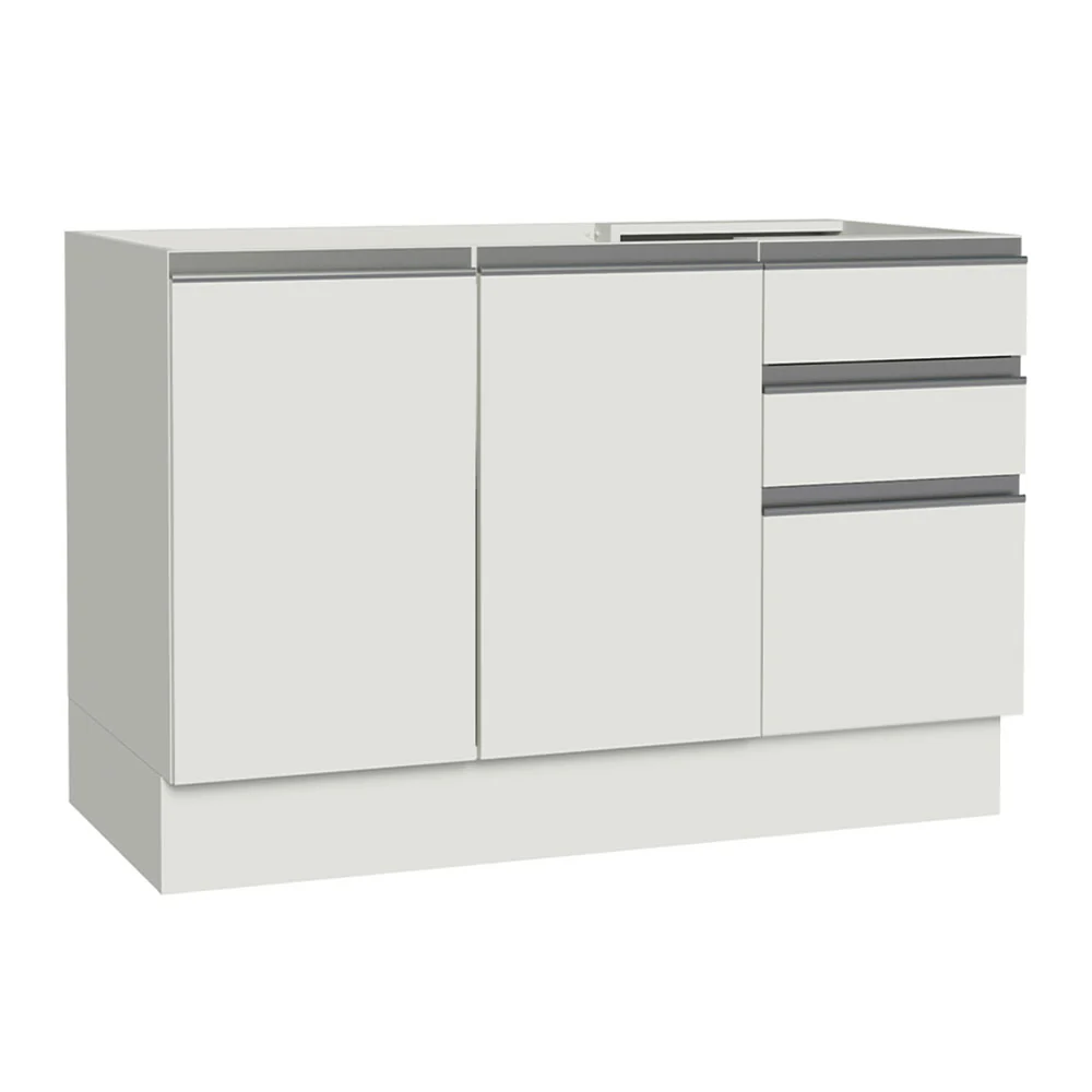 Bajo Mesada Cocina 120 cm x 60 cm, 3 Cajones 2 Puertas Glamy Blanco