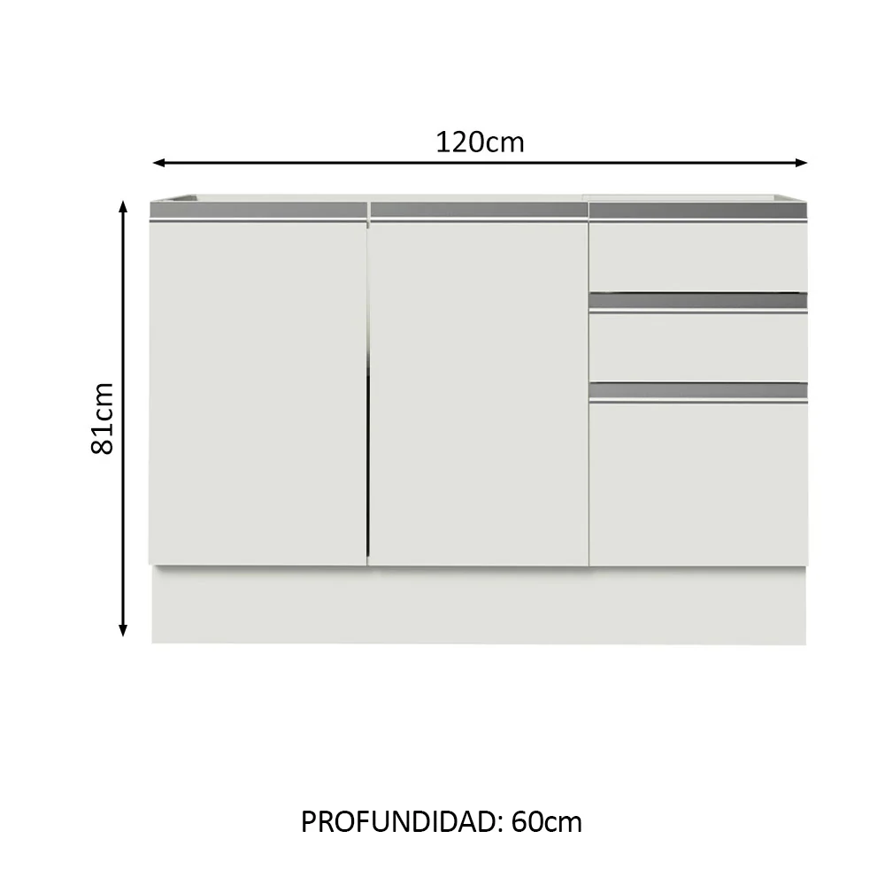 Bajo Mesada Cocina 120 cm x 60 cm, 3 Cajones 2 Puertas Glamy Blanco - Image 2