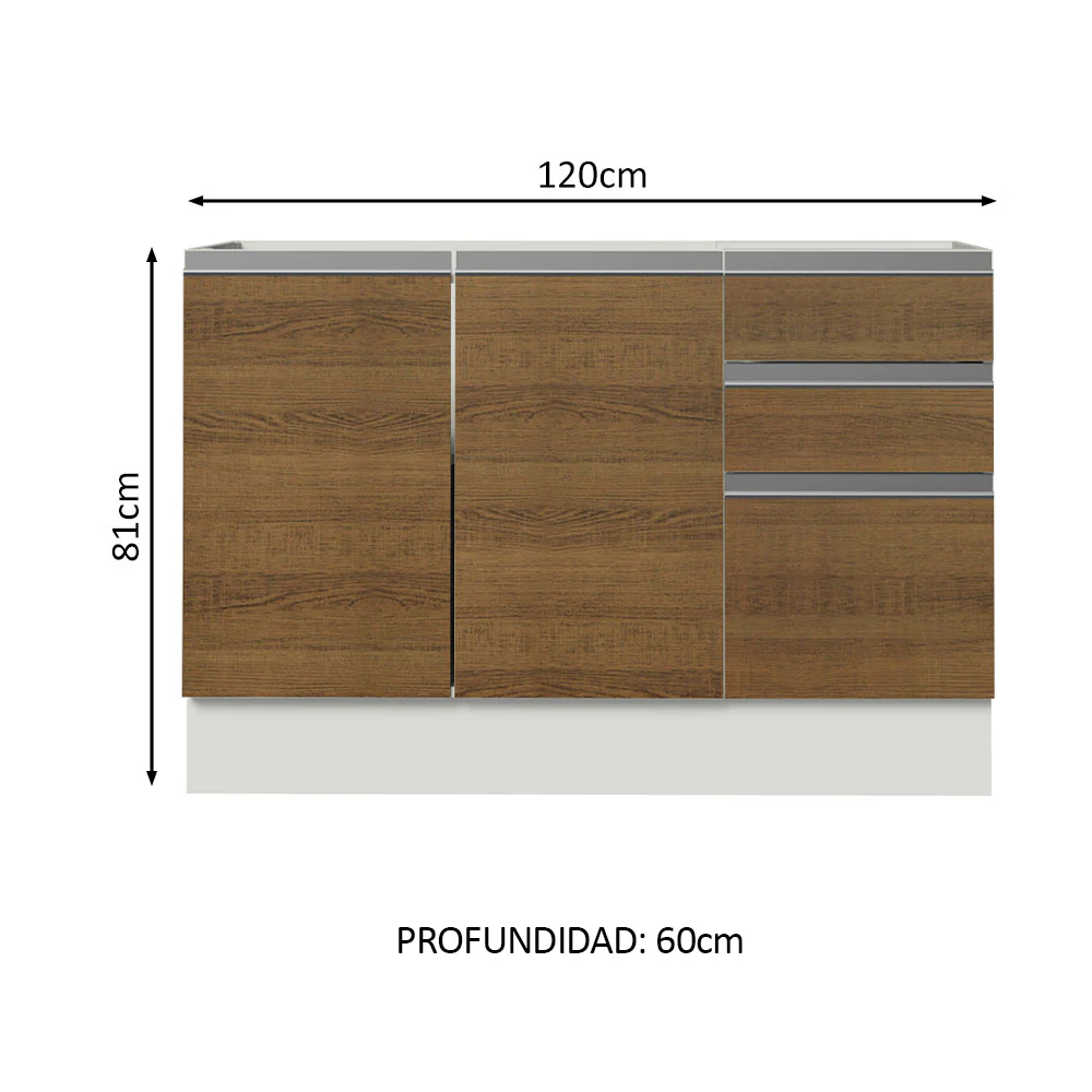 Bajo Mesada Cocina 120 cm x 60 cm, 3 Cajones 2 Puertas Glamy Blanco/Marrón - Image 2