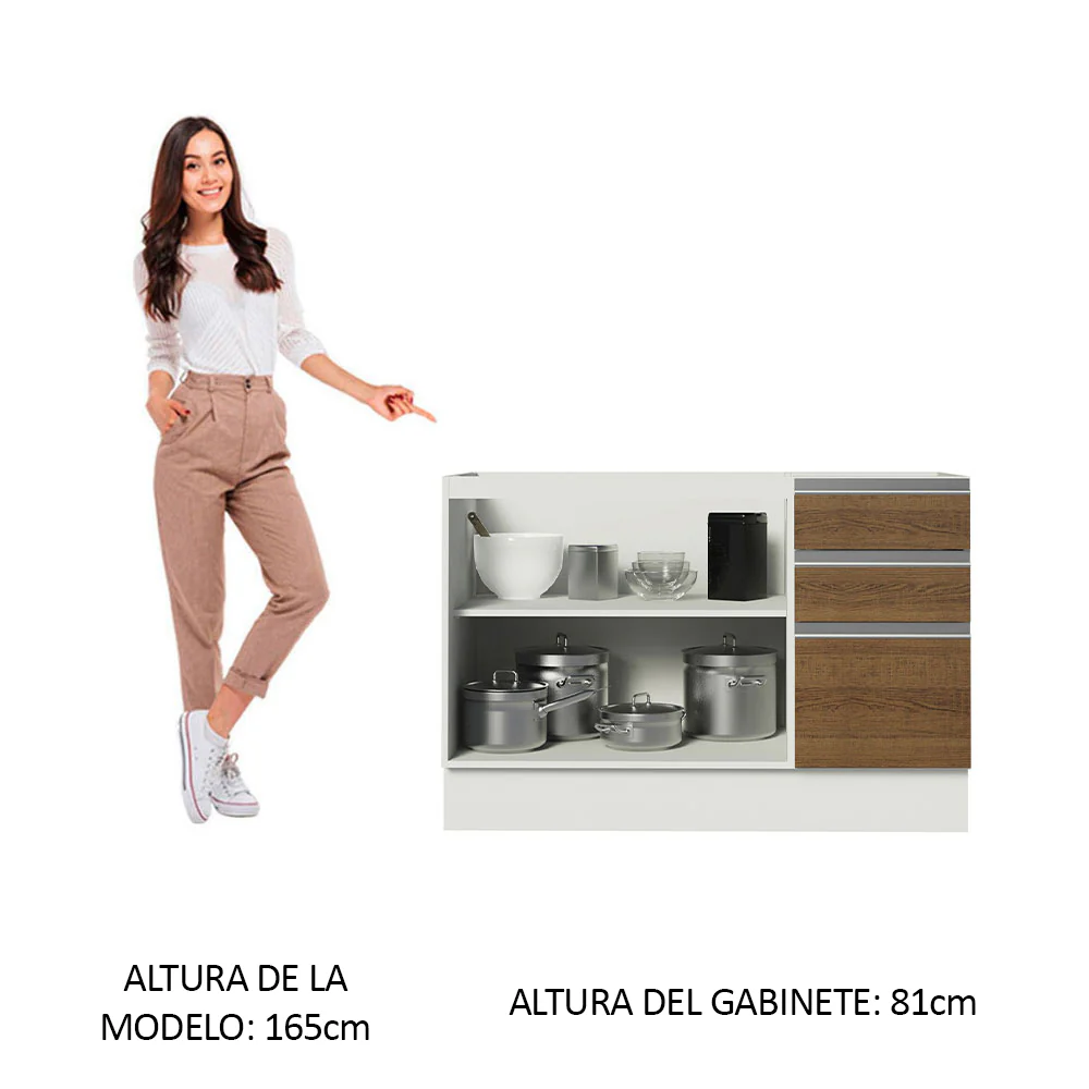 Bajo Mesada Cocina 120 cm x 60 cm, 3 Cajones 2 Puertas Glamy Blanco/Marrón - Image 3
