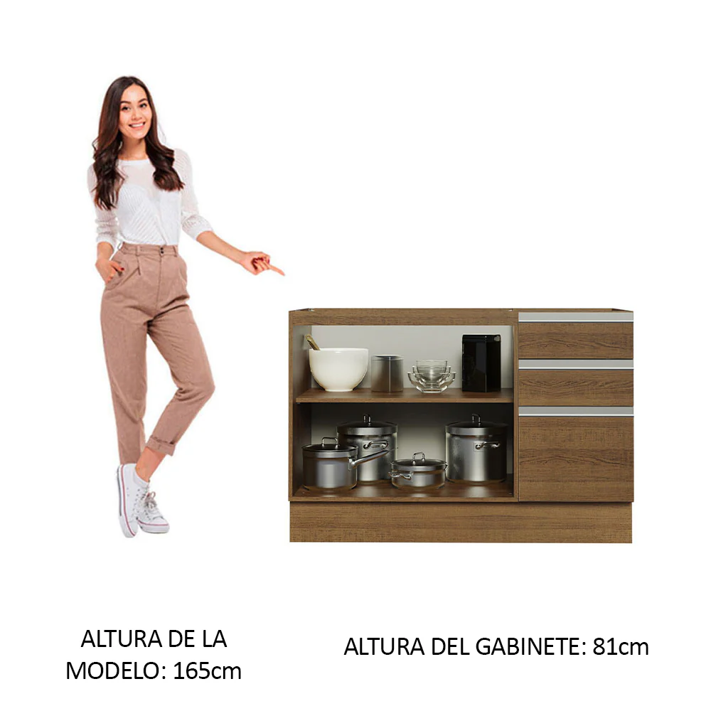 Bajo Mesada Cocina 120 cm x 60 cm, 3 Cajones 2 Puertas Glamy Marrón - Image 3