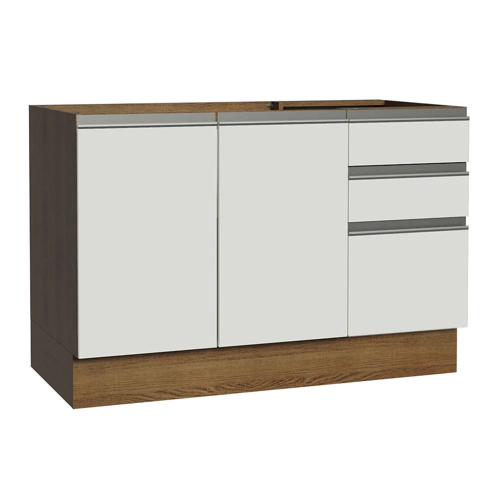 Bajo Mesada Cocina 120 cm x 60 cm, 3 Cajones 2 Puertas Glamy Marrón/Blanco