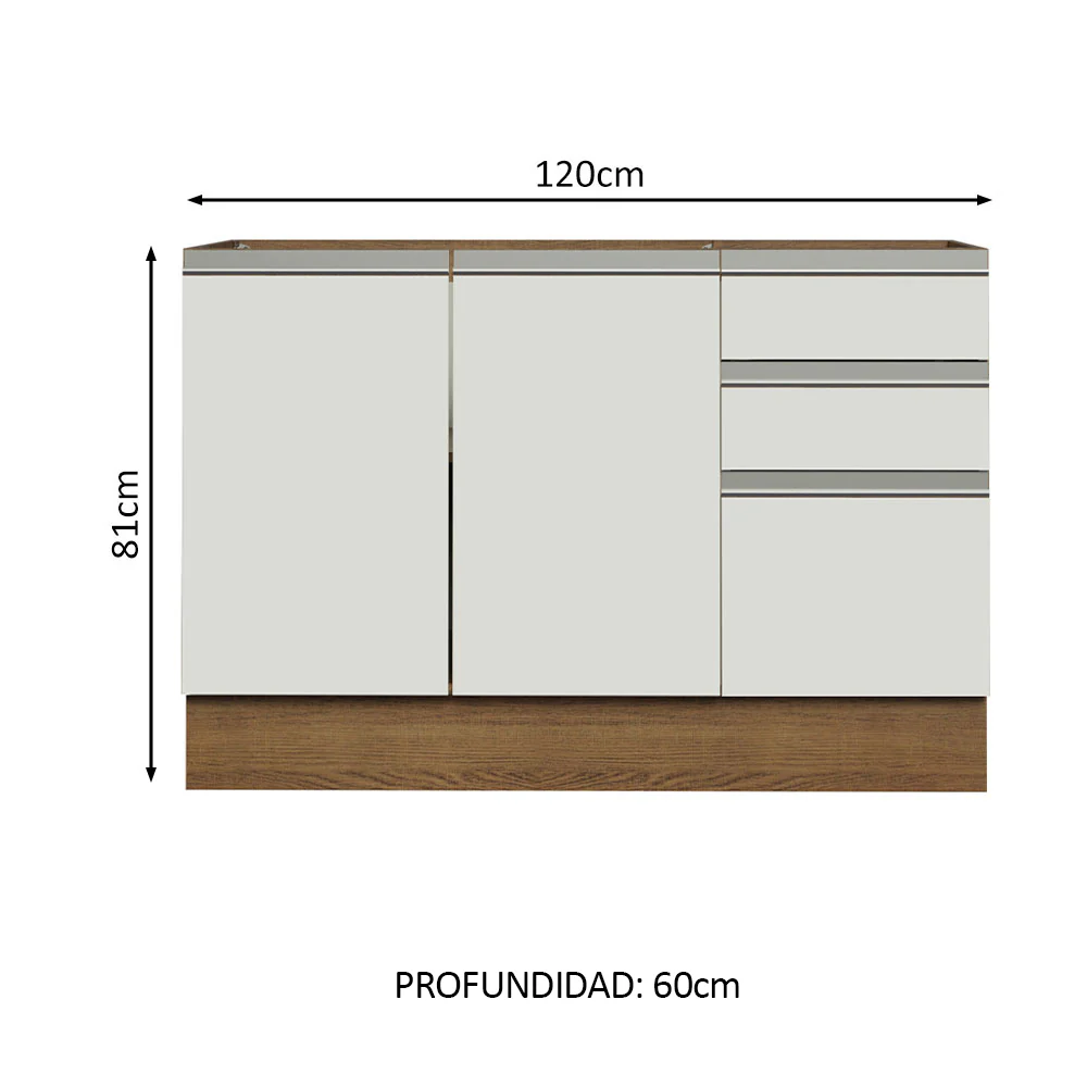 Bajo Mesada Cocina 120 cm x 60 cm, 3 Cajones 2 Puertas Glamy Marrón/Blanco - Image 2