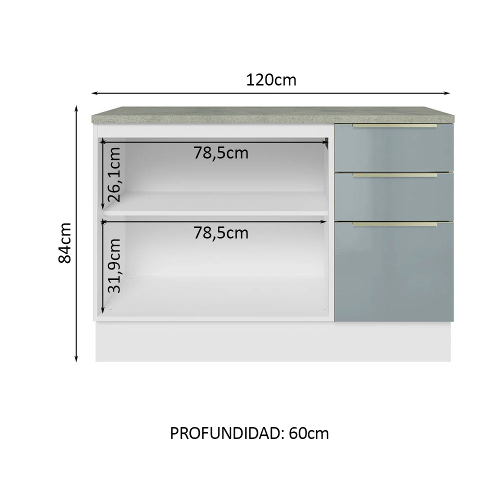 Bajo Mesada Cocina 120 cm x 60 cm, 3 Cajones 2 Puertas Lux Blanco/Gris - Image 3