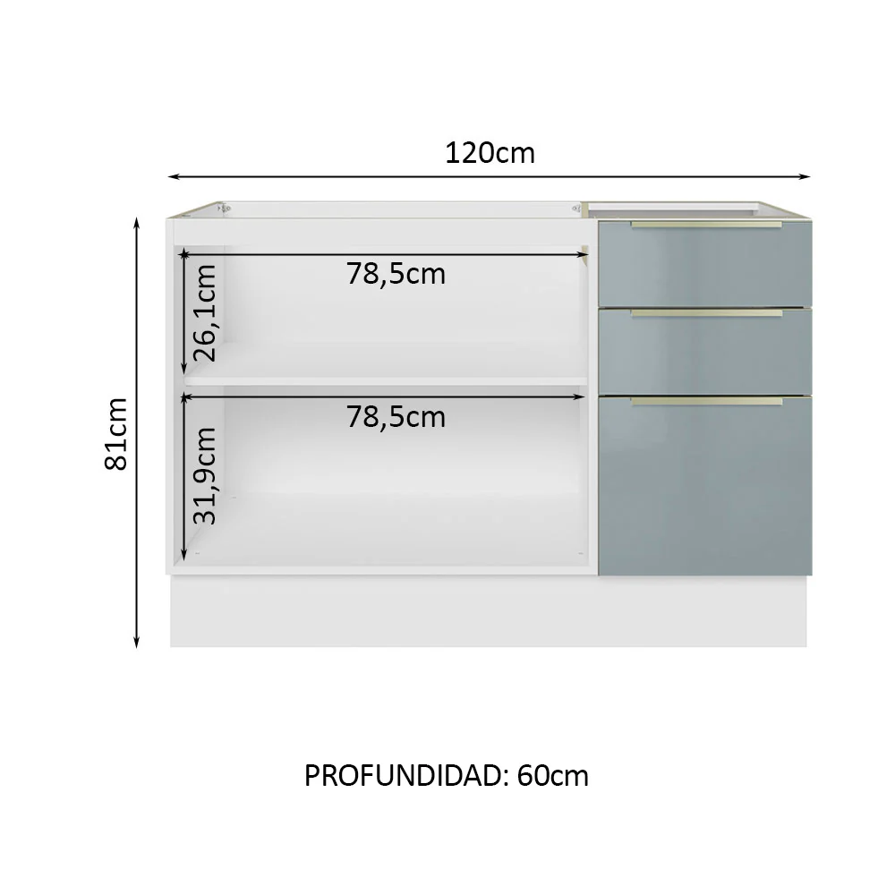 Bajo Mesada Cocina 120 cm x 60 cm, 3 Cajones 2 Puertas Lux Blanco/Gris - Image 3