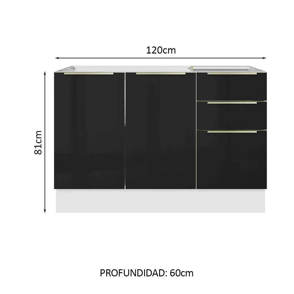 Bajo Mesada Cocina 120 cm x 60 cm, 3 Cajones 2 Puertas Lux Blanco/Negro - Image 2
