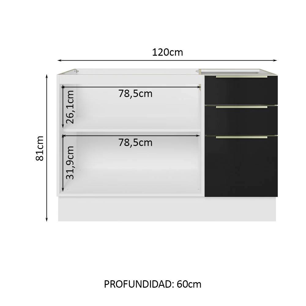 Bajo Mesada Cocina 120 cm x 60 cm, 3 Cajones 2 Puertas Lux Blanco/Negro - Image 3