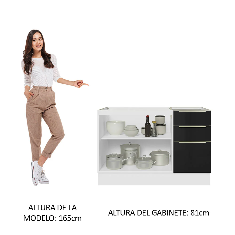 Bajo Mesada Cocina 120 cm x 60 cm, 3 Cajones 2 Puertas Lux Blanco/Negro - Image 4
