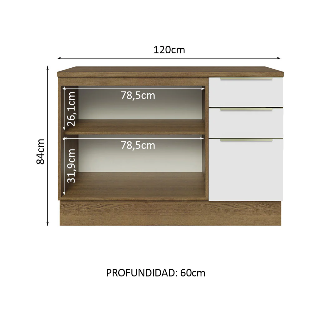 Bajo Mesada Cocina 120 cm x 60 cm, 3 Cajones 2 Puertas Lux Marrón/Blanco - Image 3