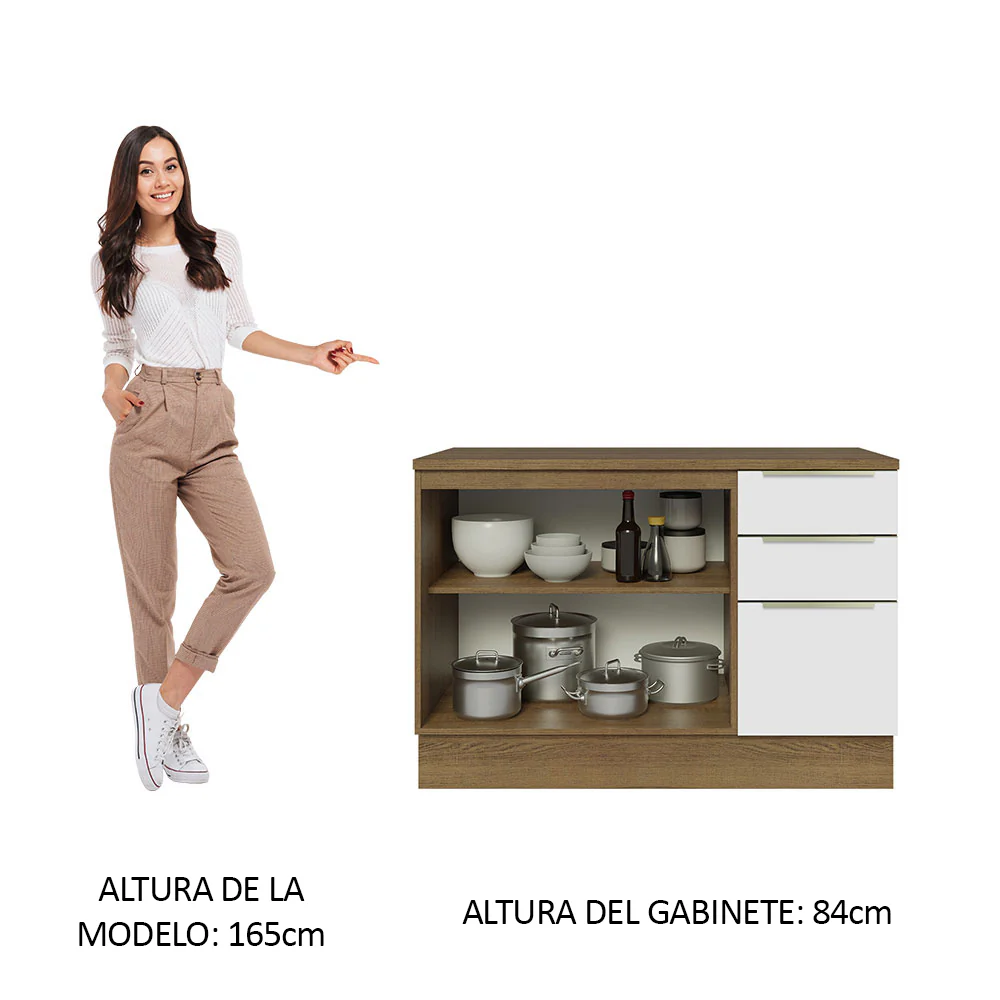 Bajo Mesada Cocina 120 cm x 60 cm, 3 Cajones 2 Puertas Lux Marrón/Blanco - Image 4