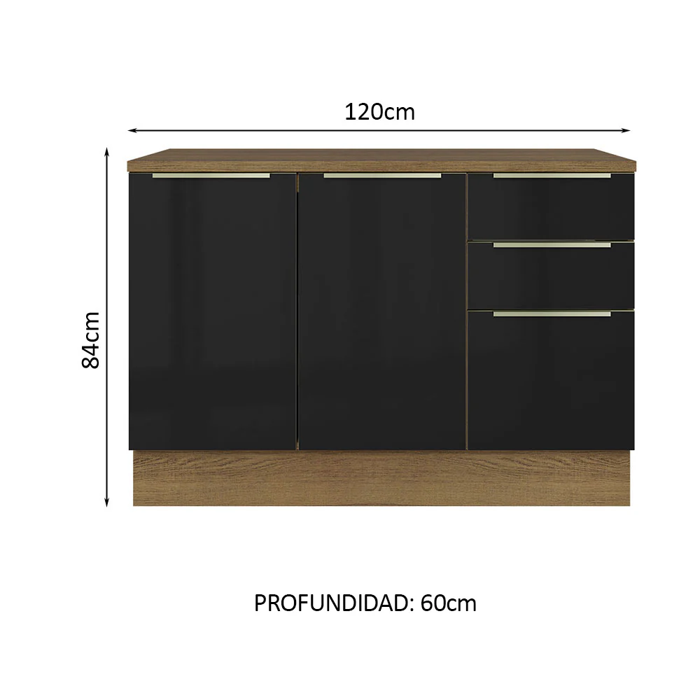 Bajo Mesada Cocina 120 cm x 60 cm, 3 Cajones 2 Puertas Lux Marrón/Negro - Image 2
