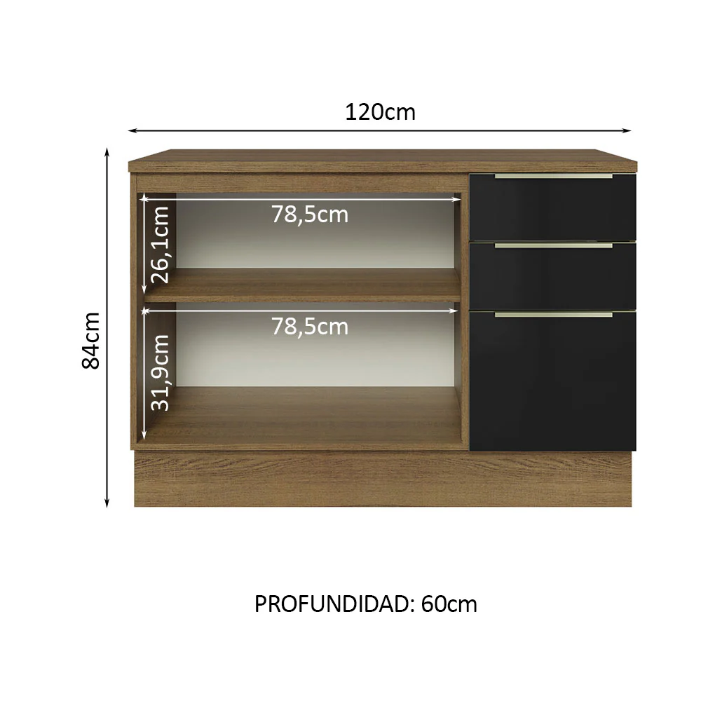 Bajo Mesada Cocina 120 cm x 60 cm, 3 Cajones 2 Puertas Lux Marrón/Negro - Image 3