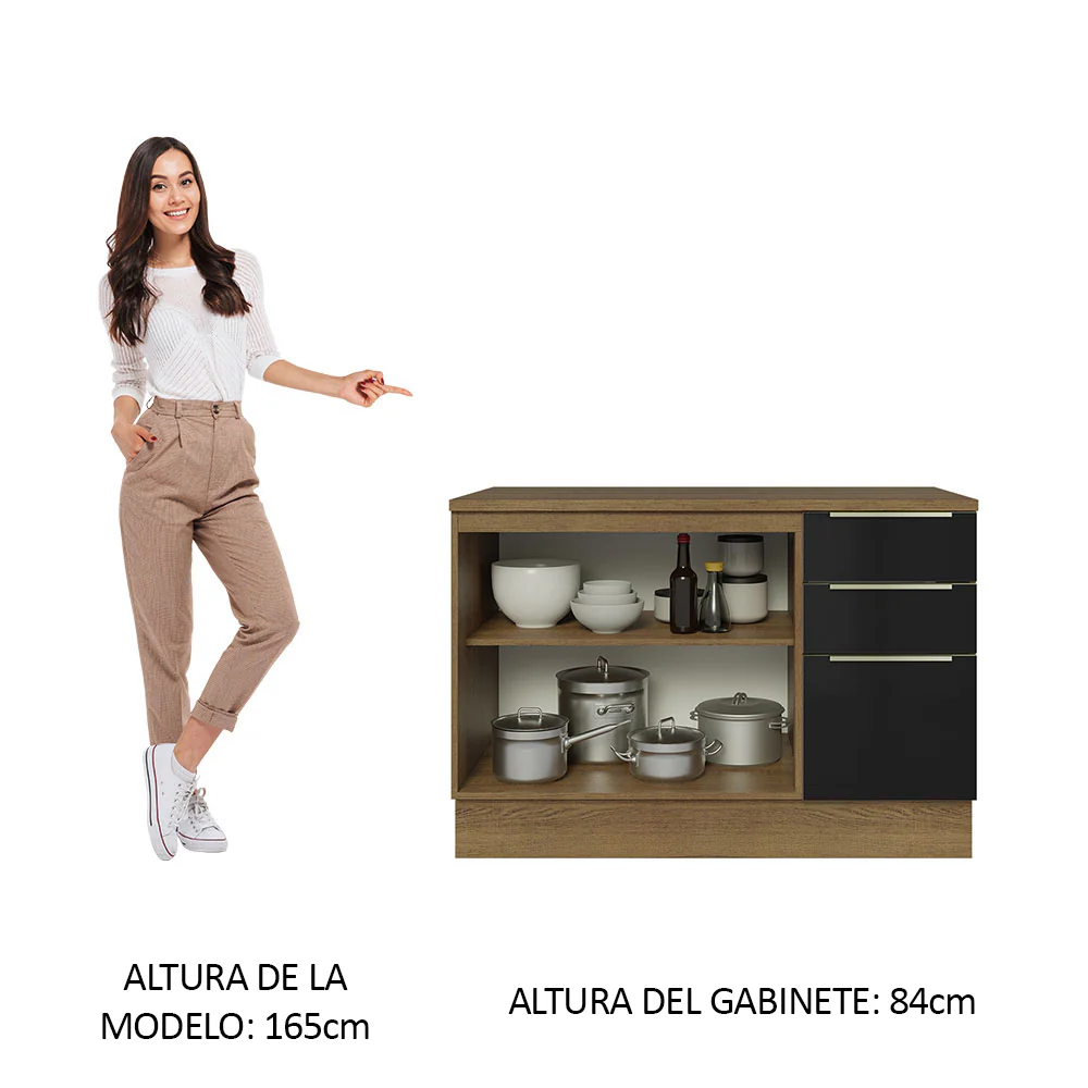 Bajo Mesada Cocina 120 cm x 60 cm, 3 Cajones 2 Puertas Lux Marrón/Negro - Image 4