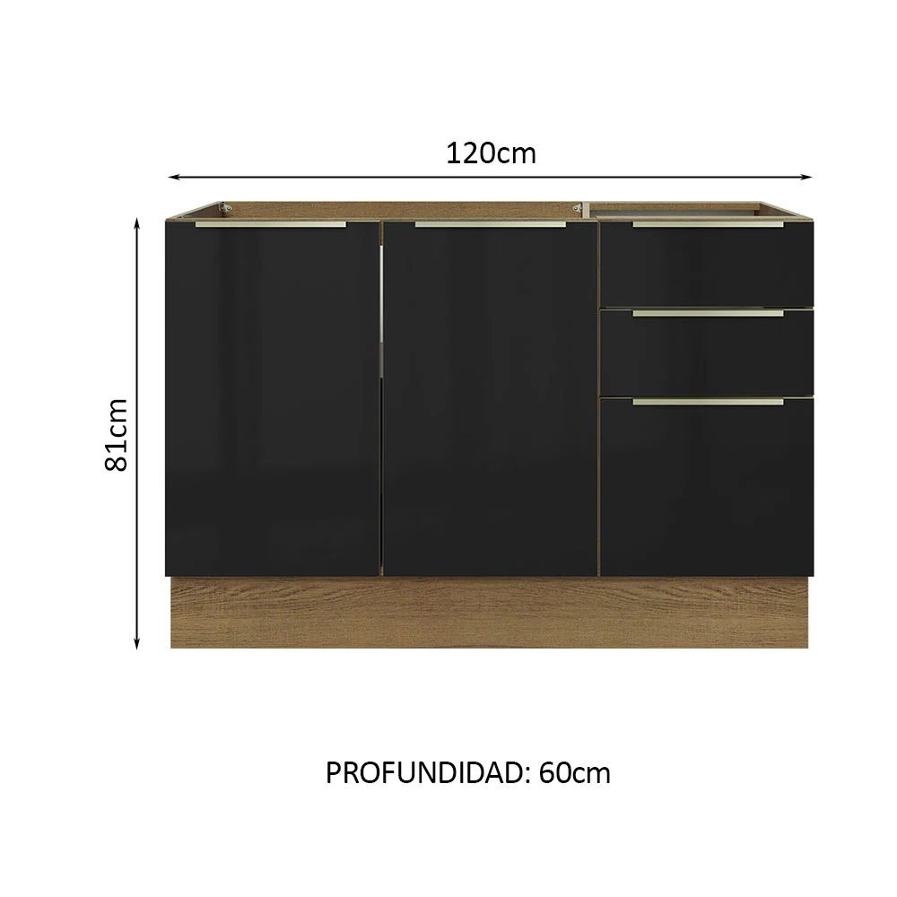 Bajo Mesada Cocina 120 cm x 60 cm, 3 Cajones 2 Puertas Lux Marrón/Negro - Image 2
