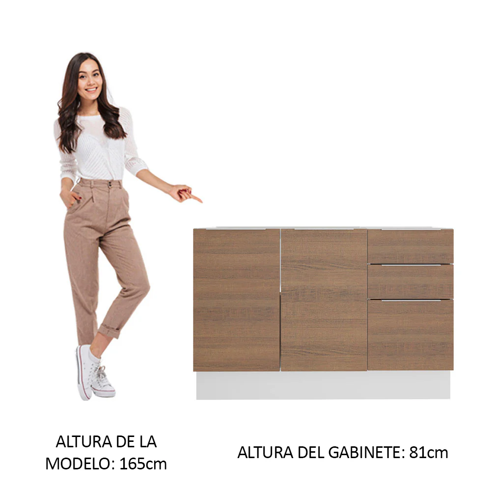 Bajo Mesada para Bacha 120 cm 3 Cajones 2 Puertas (Sin Mesada y Bacha) Blanco/Marrón Stella Madesa - Image 3