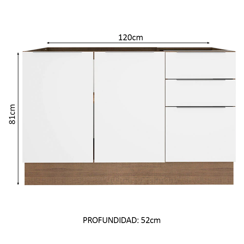 Bajo Mesada para Bacha 120 cm 3 Cajones 2 Puertas (Sin Mesada y Bacha) Marrón/Blanco Stella Madesa - Image 2