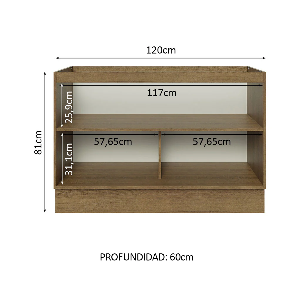 Bajo Mesada Cocina 120 cm x 60 cm, Sin cajones 2 Puertas Lux Marrón/Blanco - Image 3