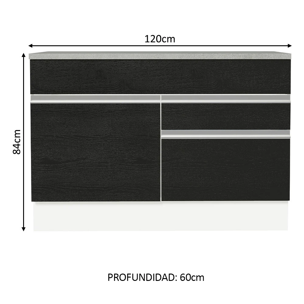 Bajo Mesada Cocina 120 x 60 cm 1 Puerta 2 Cajones Blanco/Negro (Con Mesada) Glamy Madesa - Image 2