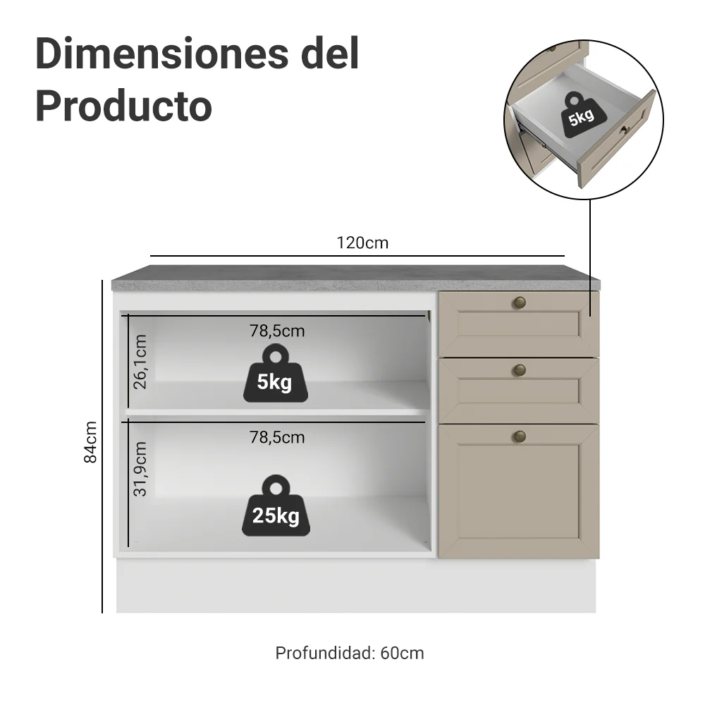 Bajo Mesada Cocina 120 x 60 cm 2 Puertas 3 Cajones (Con Mesada) Blanco/Crema Vik Madesa - Image 2