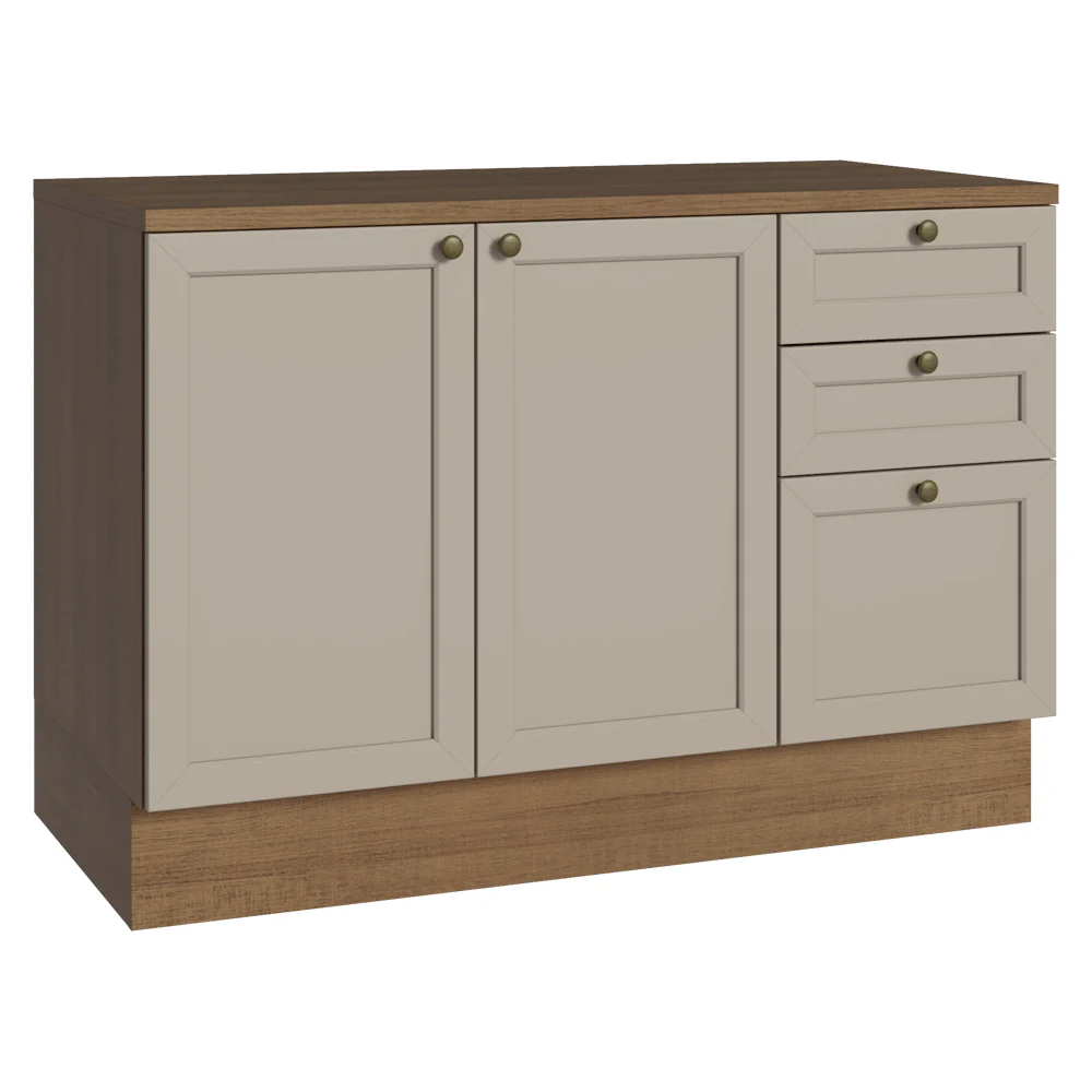 Bajo Mesada Cocina 120 x 60 cm 2 Puetas 3 Cajones (Con Mesada) Marrón/Crema Vik Madesa