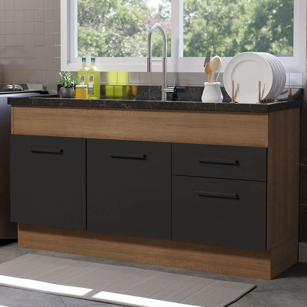 Bajo Mesada 150 cm 2 Cajones 2 Puertas Agata Marrón/Negro