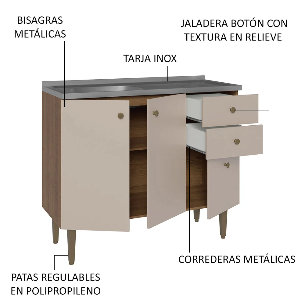 Bajo Mesada 3 Puertas y 2 Cajones 105cm con Bacha Marrón/Crema Gourmet - Image 3