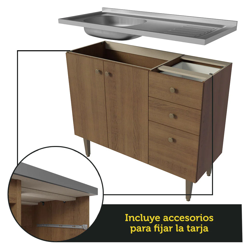 Bajo Mesada 3 Puertas y 2 Cajones 105cm con Bacha Marrón Gourmet - Image 10