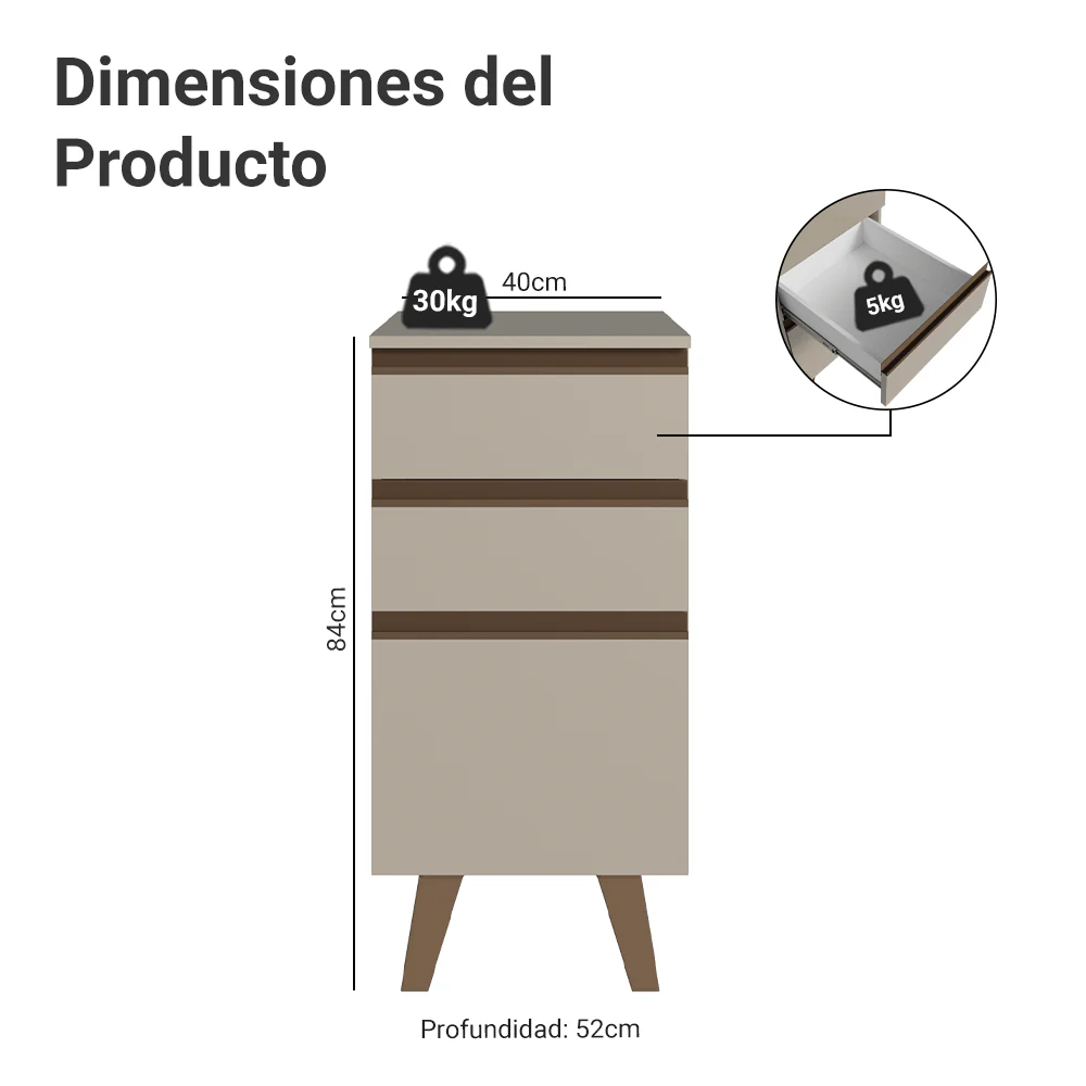 Bajo Mesada 40 cm 3 Cajones Con Patas Nice Crema - Image 2