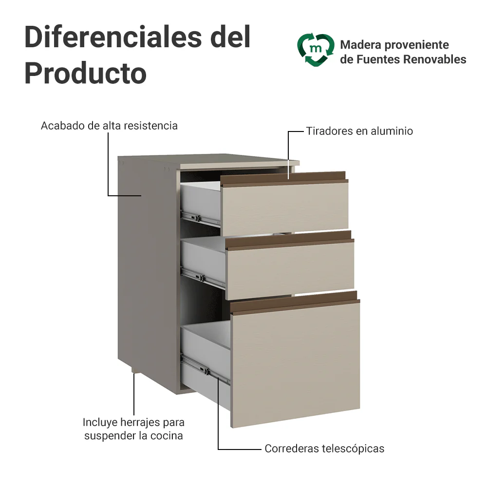 Bajo Mesada 40 cm 3 cajones Flotante Crema Nice - Image 3