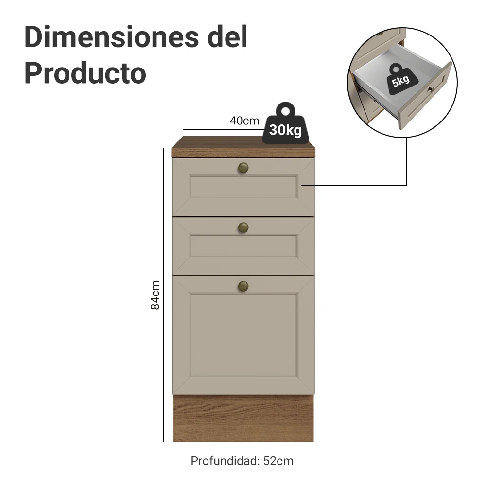 Bajo Mesada 40 cm 3 Cajones Marrón/Crema Vik Madesa - Image 2