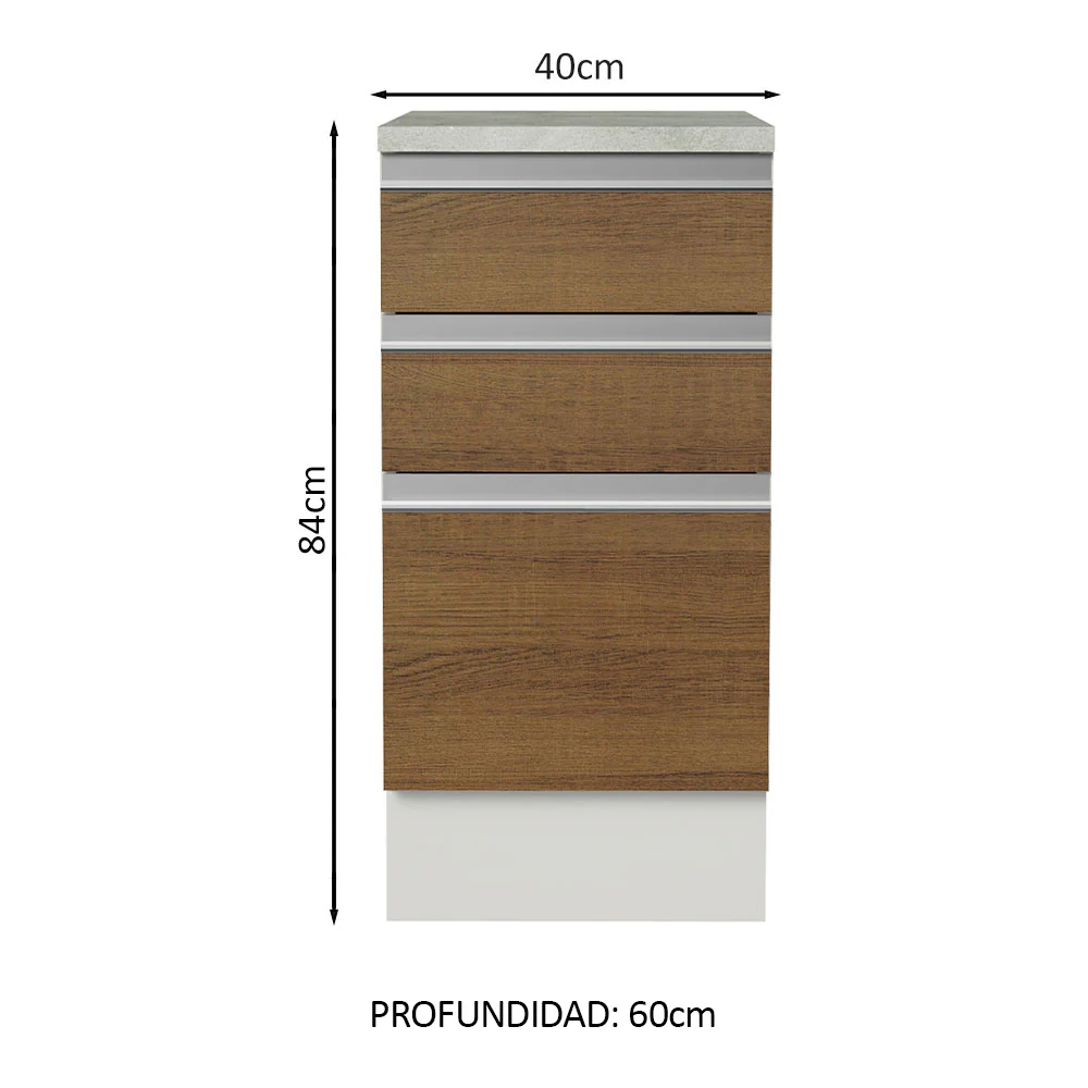 Bajo Mesada 40 x 60 cm 3 Cajones (Con Mesada) Glamy Blanco/Marrón - Image 2