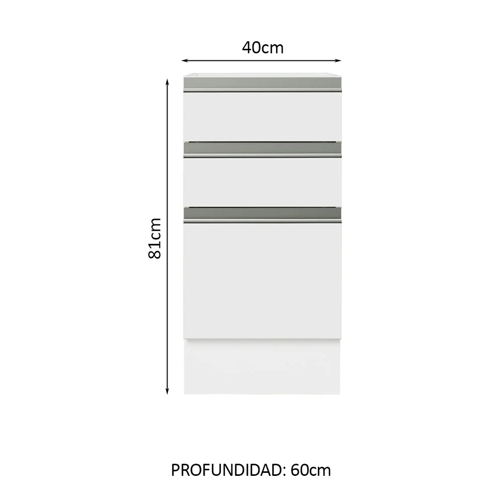 Bajo Mesada 40 x 60 cm, 3 Cajones (Sin Mesada) Glamy Blanco - Image 2