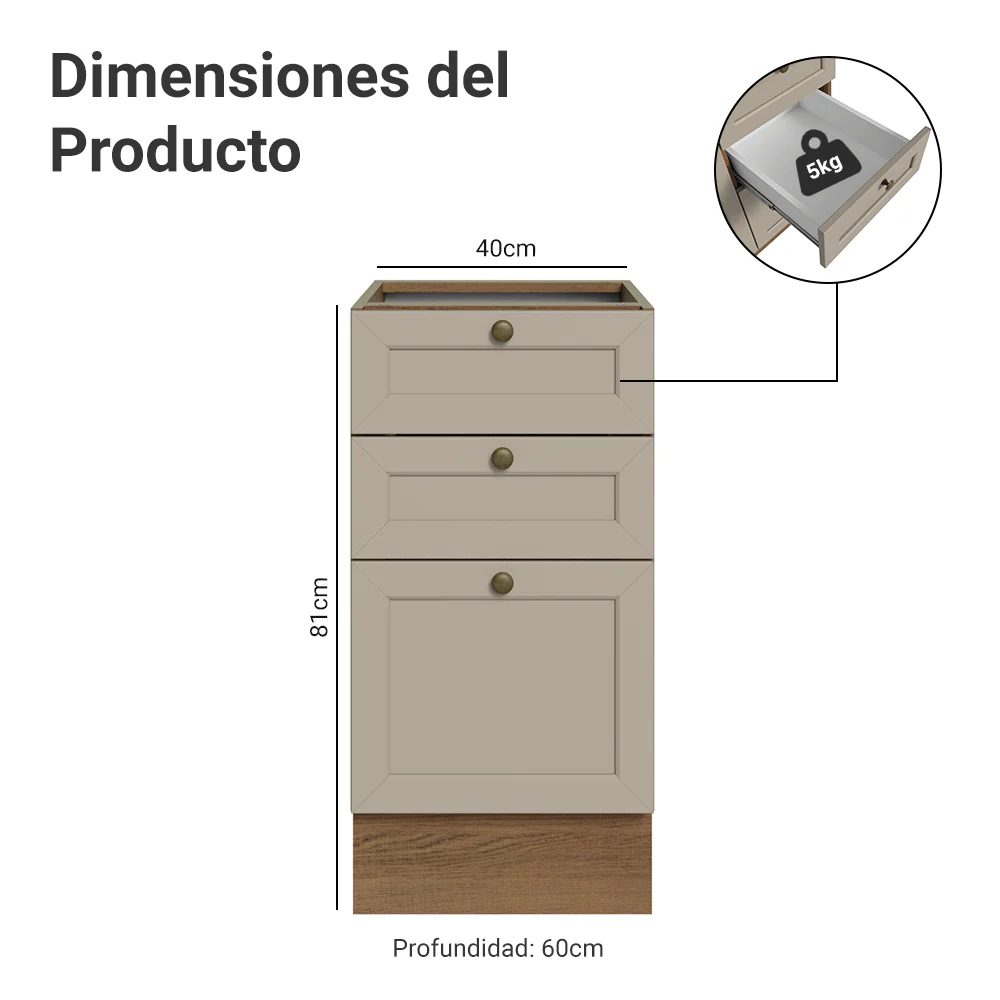 Bajo Mesada 40 x 60 cm 3 Cajones (Sin Mesada) Marrón/Crema Vik Madesa - Image 2