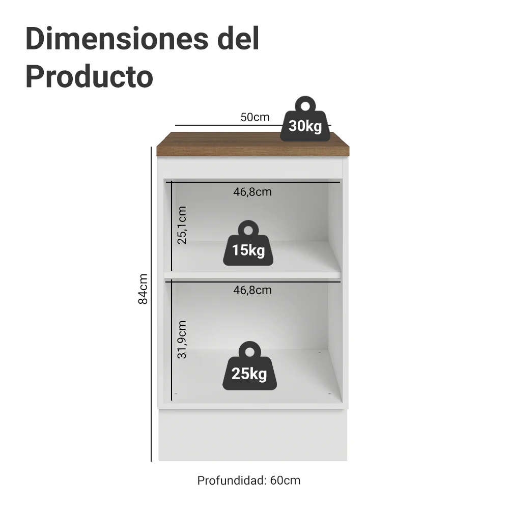 Bajo Mesada 50 x 60 cm 1 Puerta (Con Mesada) Blanco/Marrón Vik - Image 2