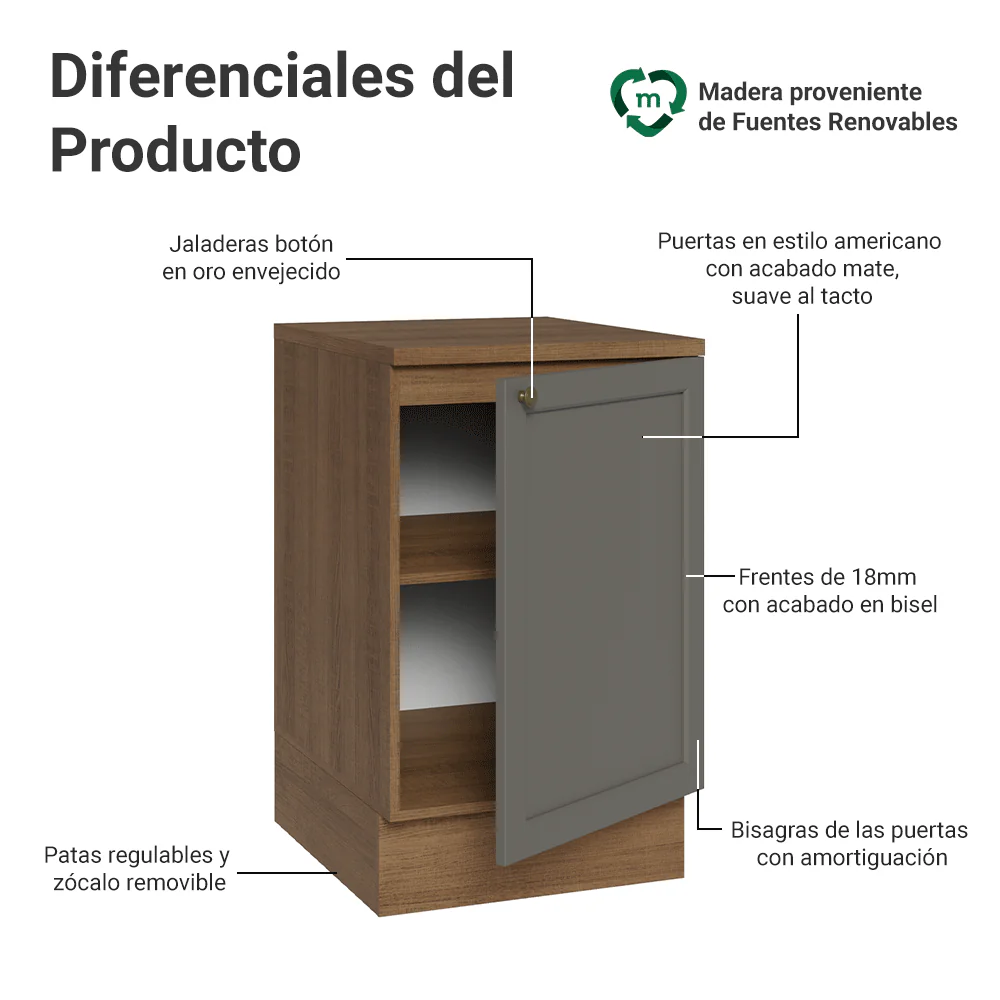 Bajo Mesada 50 x 60 cm 1 Puerta (con mesada) Marrón/Gris Vik - Image 3